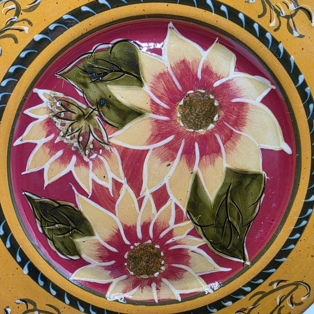 Pier 1 Imports Sunflower Hand Painted Terracotta Salad Plates Set 2 Red Yellow
